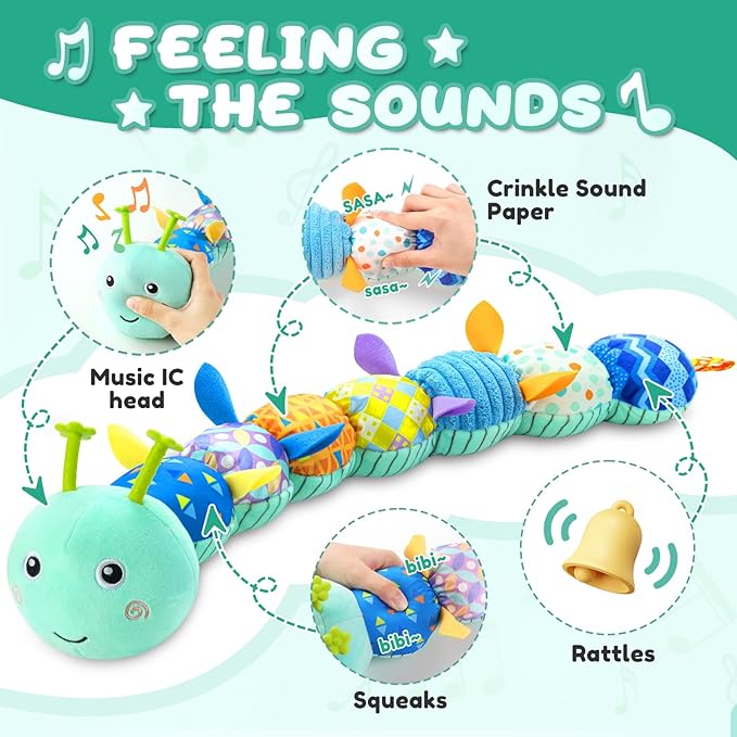 Baby Toys 0 to 12 Months, Musical Stuffed Animal Activity Soft Toy with Multi-Sensory Crinkle, Rattle and Textures, Infant Tummy Time Toys for Newborn Boys Girls, Caterpillar, Blue