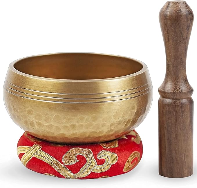 Tibetan Singing Bowl Set - Easy To Play for Beginners - Authentic Handcrafted Mindfulness Meditation Holistic Sound 7 Chakra Healing Gift by Himalayan Bazaar (3 Inch, Gold)