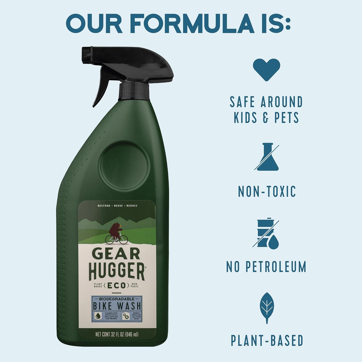 Gear Hugger Bike Wash Spray (32 oz, Pack of 1) – Eco-Friendly Cleaner Spray, Wash Soap with Natural Saponins & Eucalyptus – Safe for All Bikes, Anti Corrosion Spray