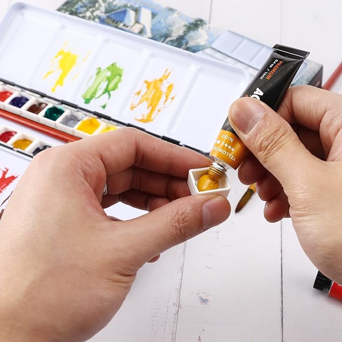LOONENG Metal Watercolor Tin with Fold-Out Palette, Medium Tray Palette with 26 Empty Half Pans for Plein Air, Acrylic and Oil Painting