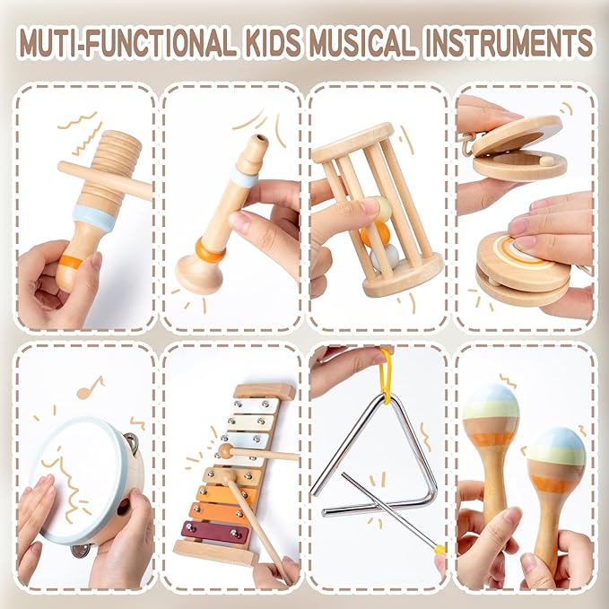 Baby Musical Instruments, Montessori Wooden Toys for Toddlers 1-3, Neutral Colors Percussion Instruments, Modern Boho Xylophone for Kids, Preschool Educational Baby Musical Toys