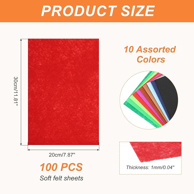 MECCANIXITY Felt Square Shape Craft Felt Sheets 7.87Inch x 7.87Inch for Home Decor Party Crafting Art, 10 Colors, Pack of 100
