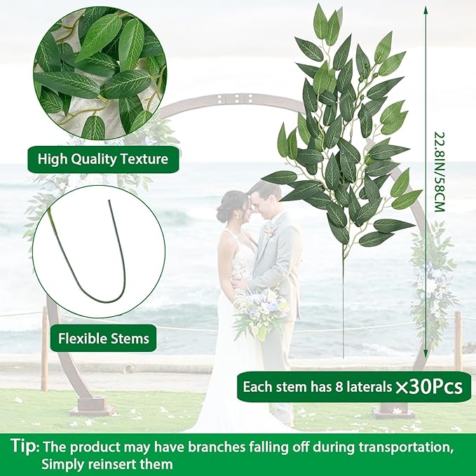 Artificial Italian Ruscus Greenery Stems, 30Pack Faux Green Leaf Garland Branches Hanging Greenery Spray for Wedding Bouquet Arch Table Centerpiece Home Decor (8 Laterals Stems-30Pack)