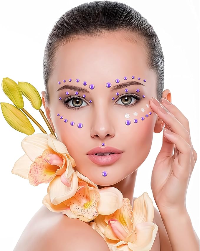 Self Adhesive Face Gems and Pearls for Makeup, Festival Jewels, Hair Gems Pearls, 3/4/5/6/8 mm Round Rhinestone Stickers for Face, Eye, Makeup, Body, Crafts 591Pcs (18_Light Purple)