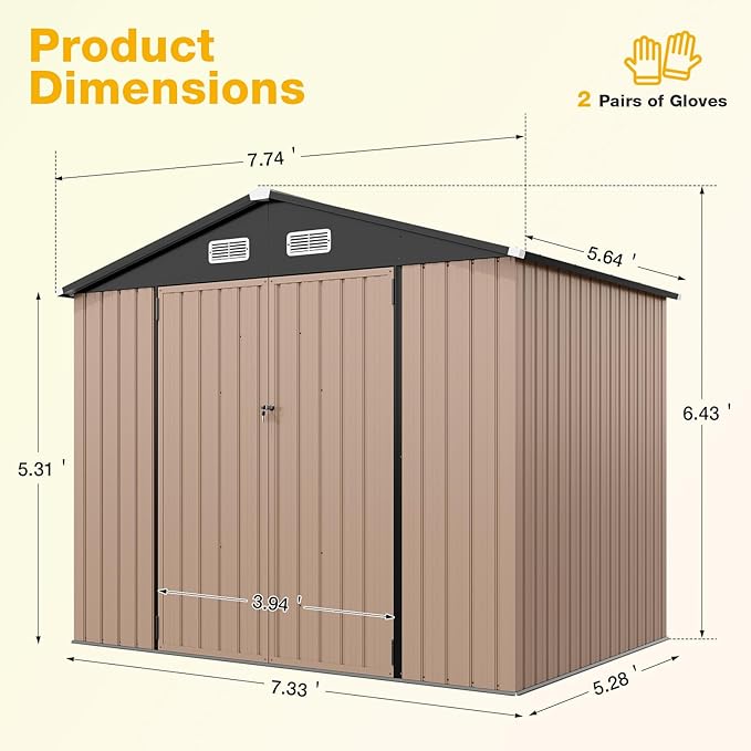 8x6 FT Outdoor Storage Shed with Floor & Lockable Double Doors, Heavy-Duty Galvanized Steel Outdoor Metal Shed for Bike, Tool, Generator Storage in Backyard, Patio (8’x6’, Floor)