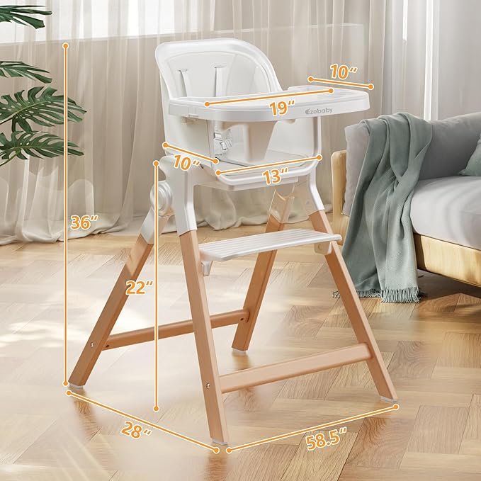 Ezebaby Folding Wooden High Chairs, 3-in-1 Convertible Baby High Chair, Dining Booster Seat, Toddler Chair, Easy Clean High Chairs for Babies and Toddlers with Large Adjustable Tray- Solid White