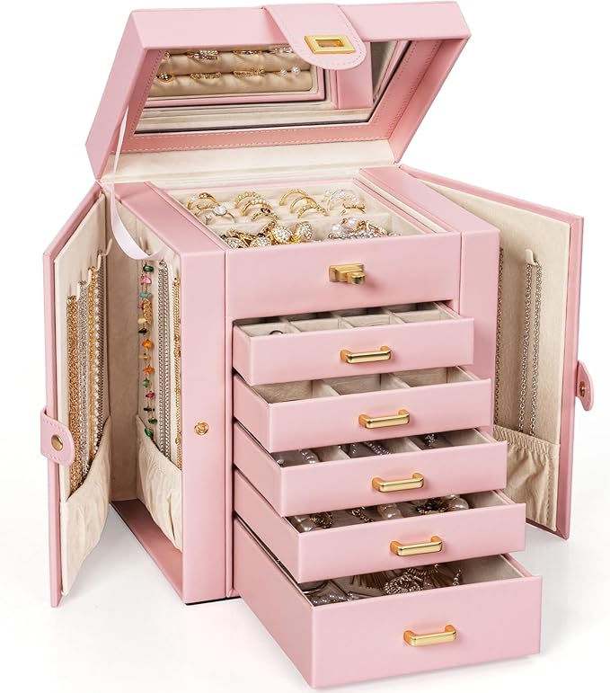AKOZLIN Large Jewelry Box Organizer Functional with Big Mirror, Leather Jewelry Storage Case for Women Girls Ring Necklace Earring Bracelet Holder Organizer