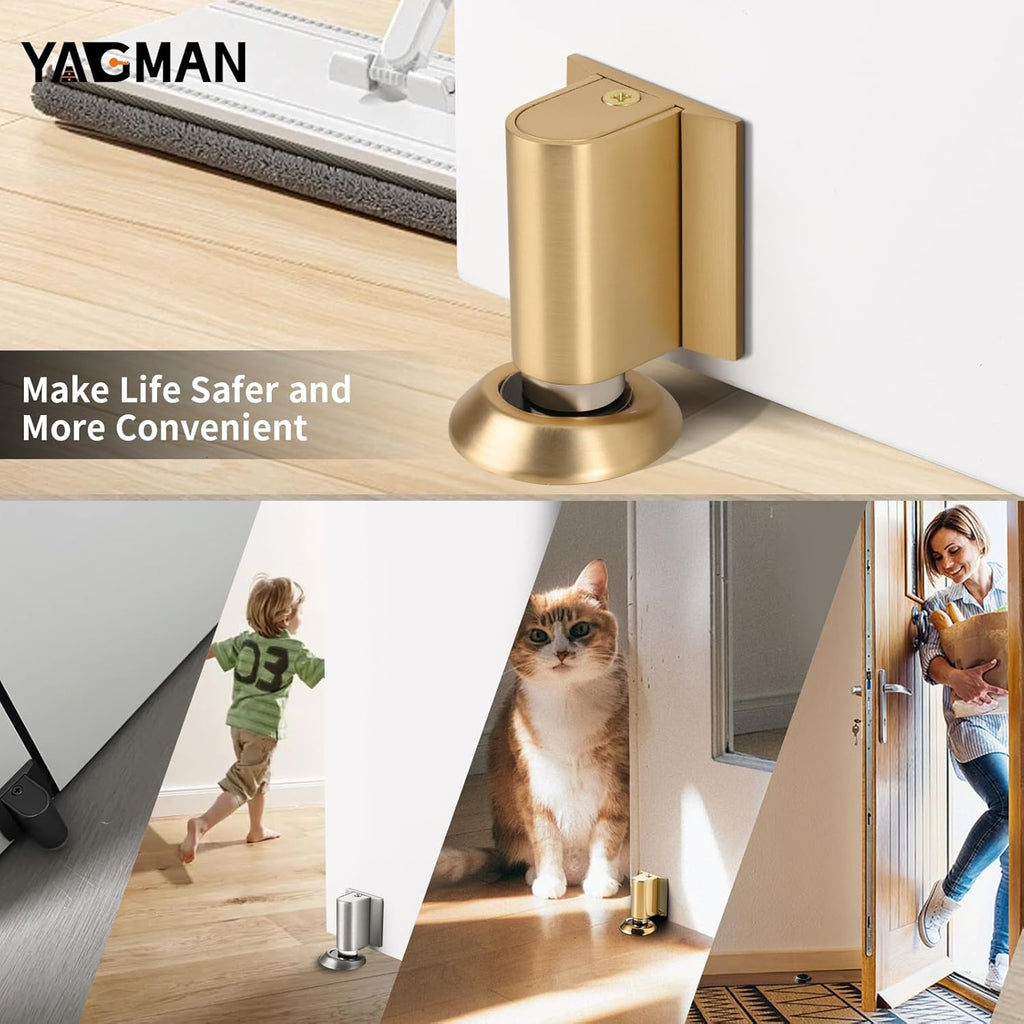 2 Pack Magnetic Door Stoppers Retractable Bottom of Door Holder No Drilling Mount Floor Door Stop with Screws and Adhesive Catch Door Keep Door Open Brushed Gold BG-2