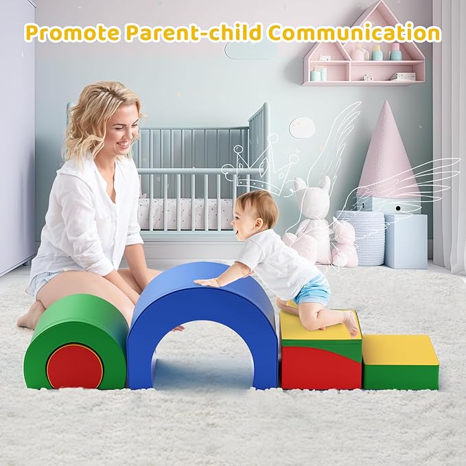Lischwert Foam Climbing Blocks, Soft Climbing Toys for Toddlers, 5 Pieces Crawl and Climb Foam Playset with Foldable Block and Tunnel, Indoor Climber Activity Play Set for Kids Age 1+(Colorful)