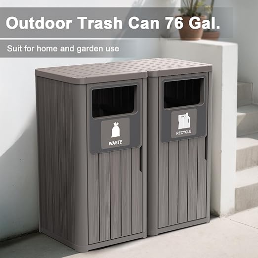 Outdoor Double Barrel Trash Can,Waterproof Resin Garbage Can with Garbage Labels,Durable Waste Bin for Porch, Backyard,Kitchen,for 30 to 39 Gallon Trash Bags