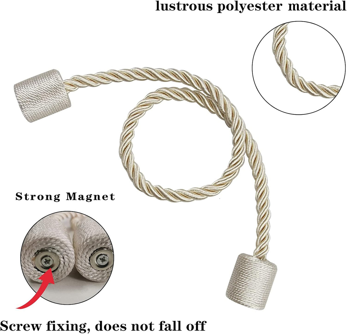 2 Pack Beige Strong Magnetic Curtain Tiebacks Outdoor Elegant Decorative Tie Backs Modern Rope Tiebacks for Drapes Window Curtain Holdbacks for Draperies