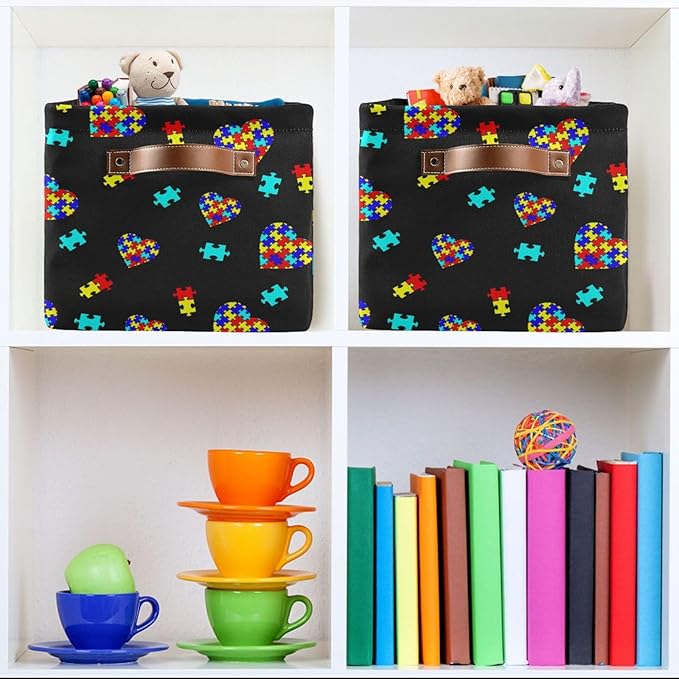 Multicolor Storage Basket Bin Autism Awareness Puzzle Pieces Heart Organizer Collapsible Shelf Cube with Handle for Nursery Bedroom Bathroom
