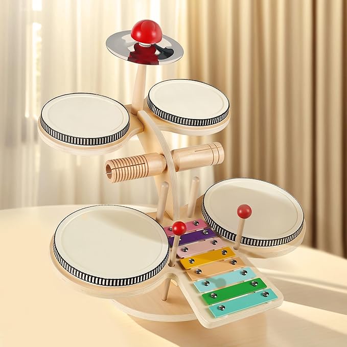 iPlay, iLearn Toddler Wooden Drum Set, Kids Musical Instruments Toy, 8 in 1 Percussion Drum Kit W/Xylophone Cymbal, Baby Montessori Learning Birthday Gifts for 18 Month, 2 3 4 5 6 Year Old Boy Girl