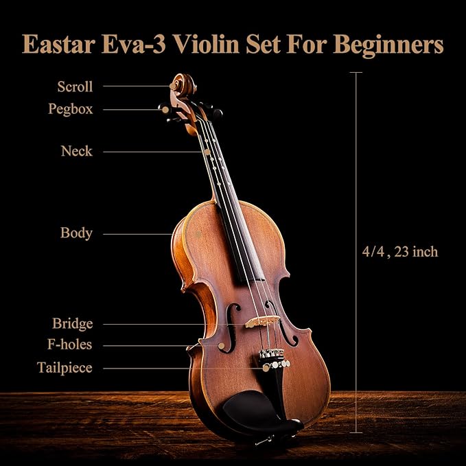 Eastar 4/4 Full Size Violin Set Matte Fiddle for Beginners Adults with Hard Case, Rosin, Shoulder Rest, Bow, Tuner and Extra Strings (Imprinted Finger Guide on Fingerboard), EVA-3
