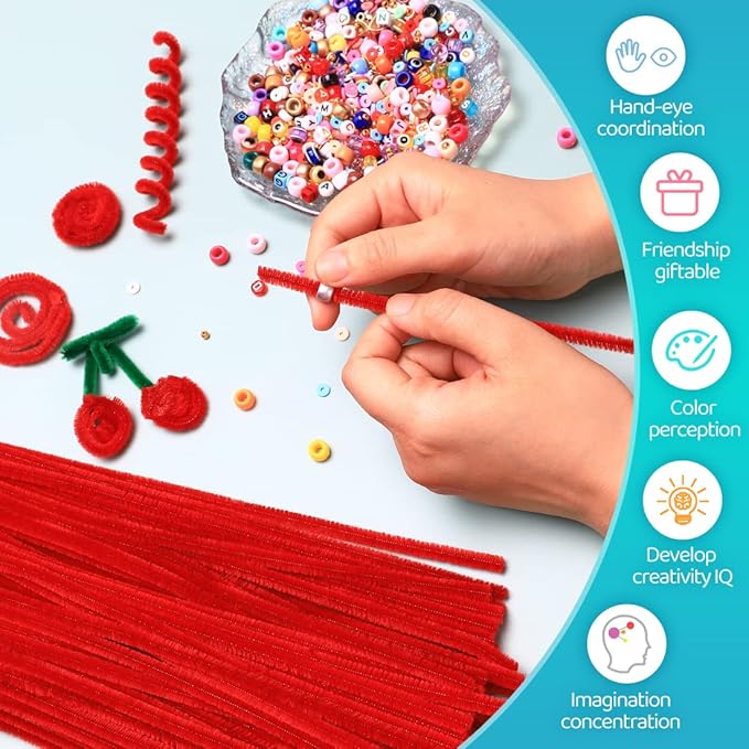Iooleem 200pcs Red Pipe Cleaners, Chenille Stems, Pipe Cleaners for Crafts, Pipe Cleaner Crafts, Art and Craft Supplies.