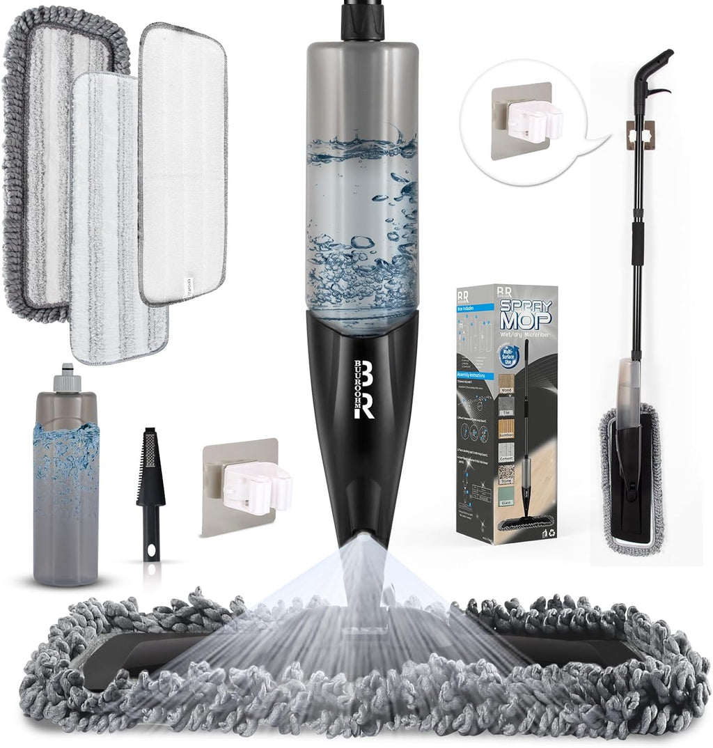 Microfiber Spray Mop for Floors Dry and Wet Mop with Dusting 360 Rotation for Kitchen, Hardwood, Laminate, Tile Floors Includes 3 Refill Heads, Scraper, Holder & Spray Bottle