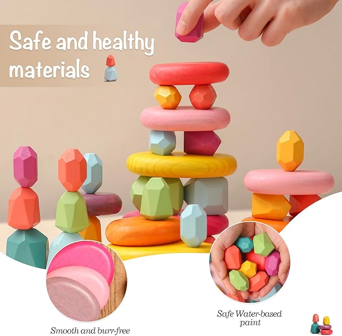 OESSUF Stacking Rocks 26Pcs Stacking Blocks Balancing Stones Wooden Building Toys Wood Stone Stacking Game for Toddler Sorting Preschool Educational Montessori Stacking Rocks for Kids