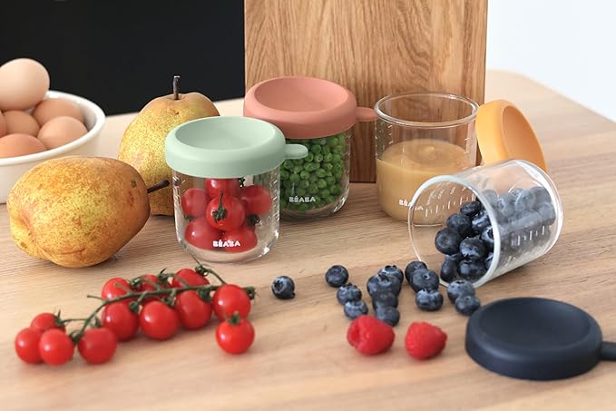 BEABA 4 Pack Glass Baby Food Jars with Soft Silicone Air Tight Lids, 8 oz Glass Storage Containers with Lids, Microwave and Freezer Safe Containers, Sunrise