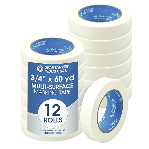 Spartan Industrial - 0.75" X 60 yd Masking Tape for Painting, Drafting, Labeling, and More - 12 Beige Tape Rolls, 5.5 Mil
