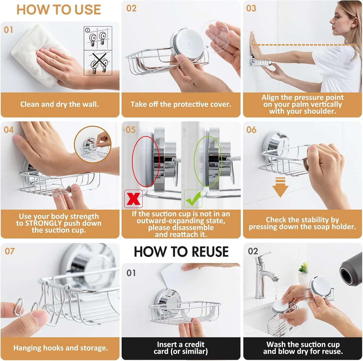 LEVERLOC Bar Soap Holder Dish with Hooks, Soap Tray Suction Cup Wall Mounted for Shower, Stainless Steel Sponge Holder Caddy for Bathroom Kitchen Sink Organizer, Rustproof, Silver