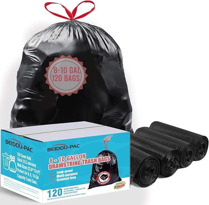 8-10 Gallon Trash Bags Drawstring, 120 Count Bulk, Black & Unscented Multi-purpose Garbage Bags for Business Home Bathroom Kitchen Commercial and Industrial
