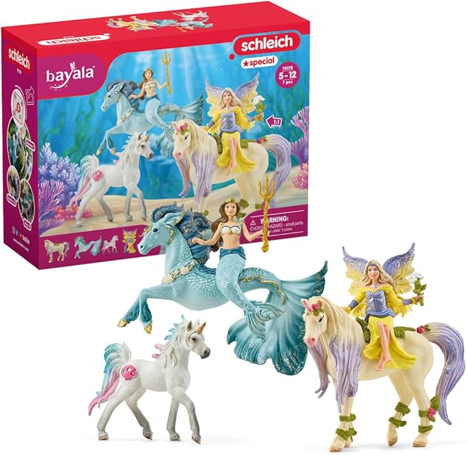 Schleich Bayala - 7 PC Mermaid, Unicorn and Fairy Toy Starter Set for Girls and Boys - Cute Fairies and Unicorn Figures with Accessories - Fantasy Figurine Animal Playset for Kids Ages 5+ - 72178