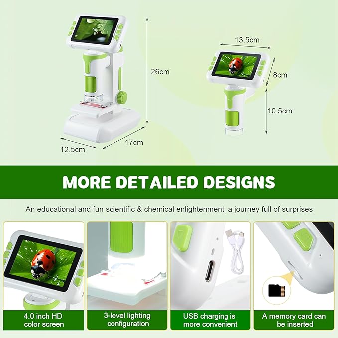 1600X Digital Microscope for Kids, Upgraded Portable Microscope with 4.0 inch HD Screen, 2-in-1 Desktop Handheld Miniscope Rechargeable Student Education Science Microscopes Gift for Kids
