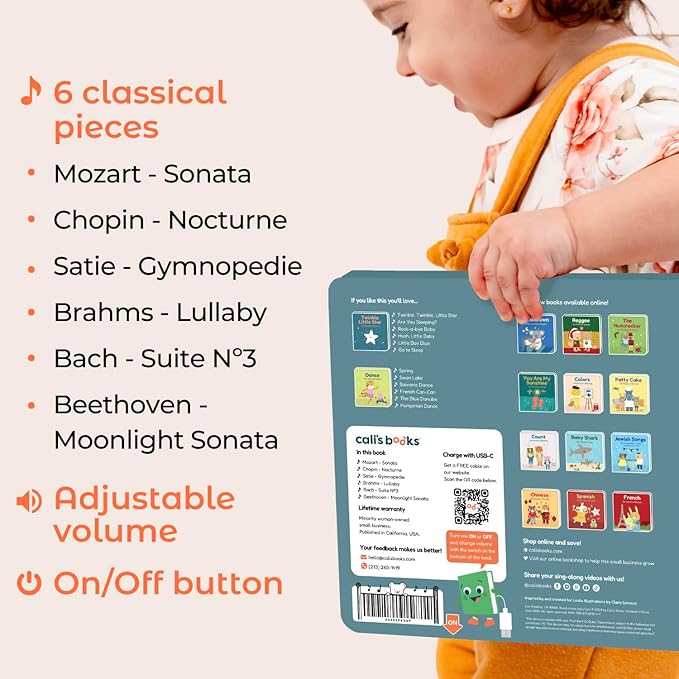 Cali's Books Bedtime Musical Book for Babies and Toddlers 1-3 – USB-C Rechargeable – 6 Classical and Relaxing Pieces | Sound Book for Sleep & Relaxation