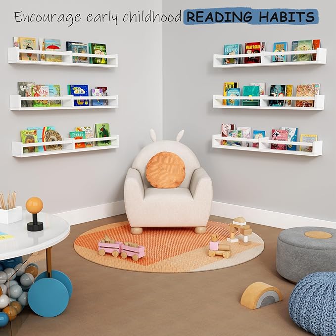 Large Nursery Book Shelves Wall Mounted for Kids Room, White Floating Nursery Bookshelf for Baby Girls Boys Bedroom, Toddler Kid Book Shelf for Classroom Library (32 Inch Long Set of 3)