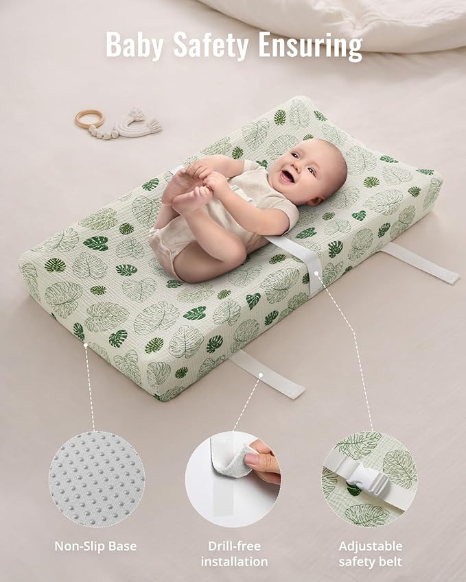 Blissful Diary Muslin Baby Changing Pad with Waterproof Lining Foam, Diaper Changing Table Pad with Cover for Dressers (Monstera, Rectangular)
