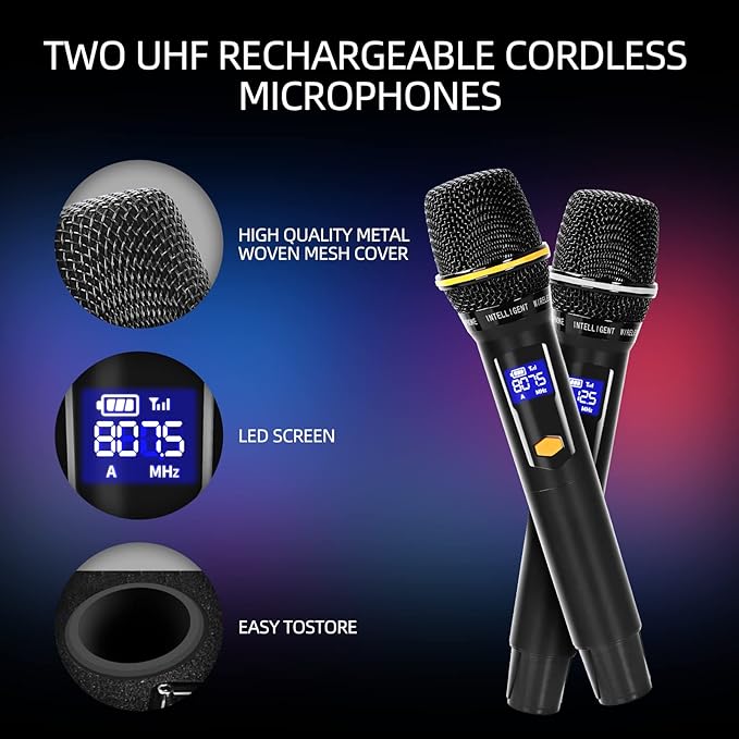 Karaoke Machine with Lyrics Display Screen for Adults, 15 Inches Tablet, Bluetooth Speaker w/ 2 Rechargeable UHF Mics, 1000W Peak Power, DJ Lights, Portable Karaoke System for Any Occasion