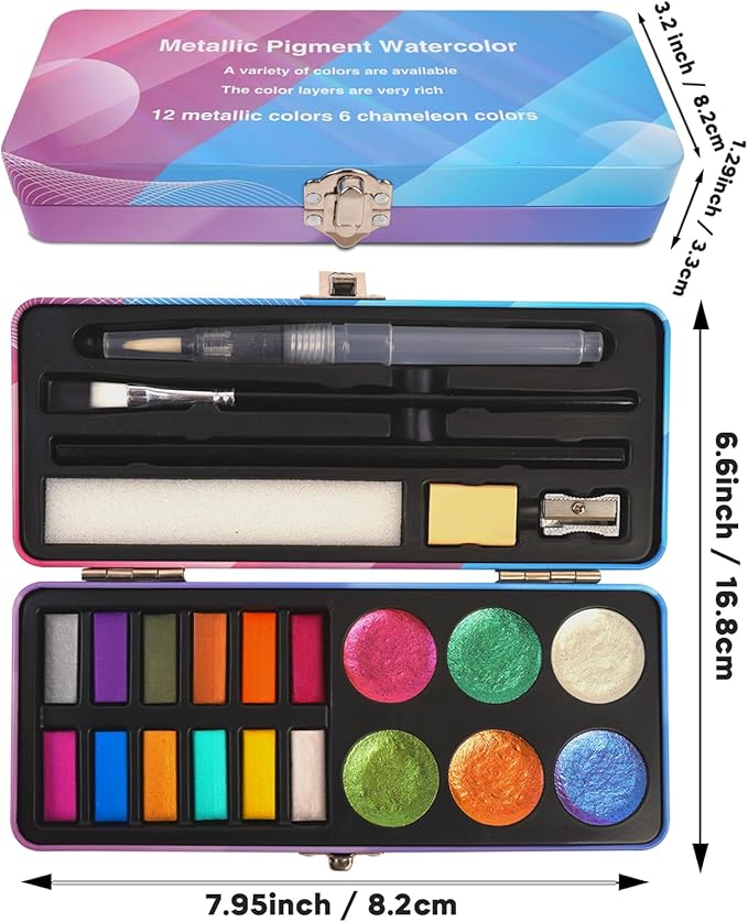 Watercolor Paint Set, 18 Colors Glitter Watercolor Paint Kit (12 Metallic & 6 Chameleon), Portable Travel Set with Water Brush Pen, Pencil, Eraser, Paper - Ideal for Drawing and Art Supplies, Adults, Beginners