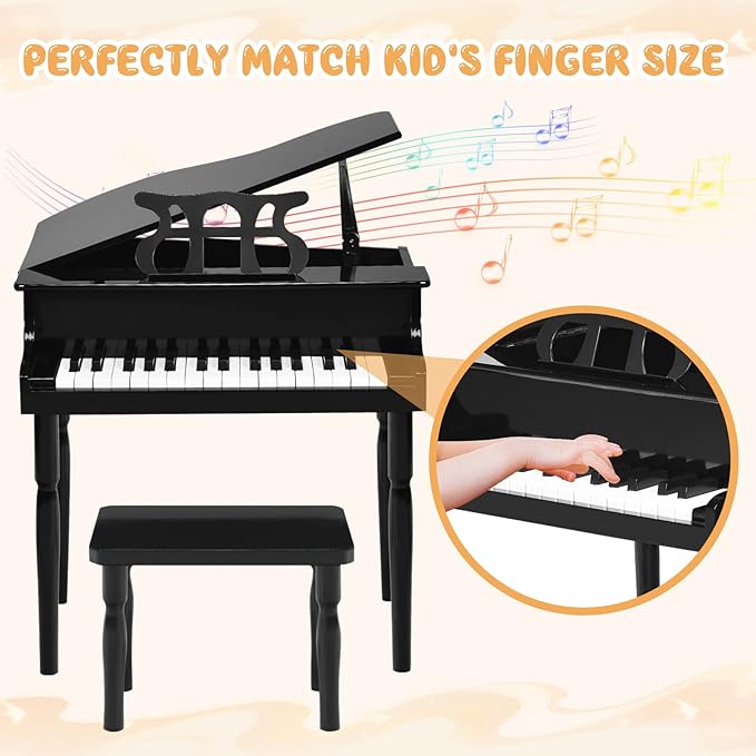 Goplus 30-Key Classical Kids Piano, Mini Grand Piano Wooden Learn-to-Play Musical Instrument Toy with Bench, Piano Lid, Music Rack, Gift for Boys Girls Aged 2+ Baby Toddler (4 Straight Leg-Black)