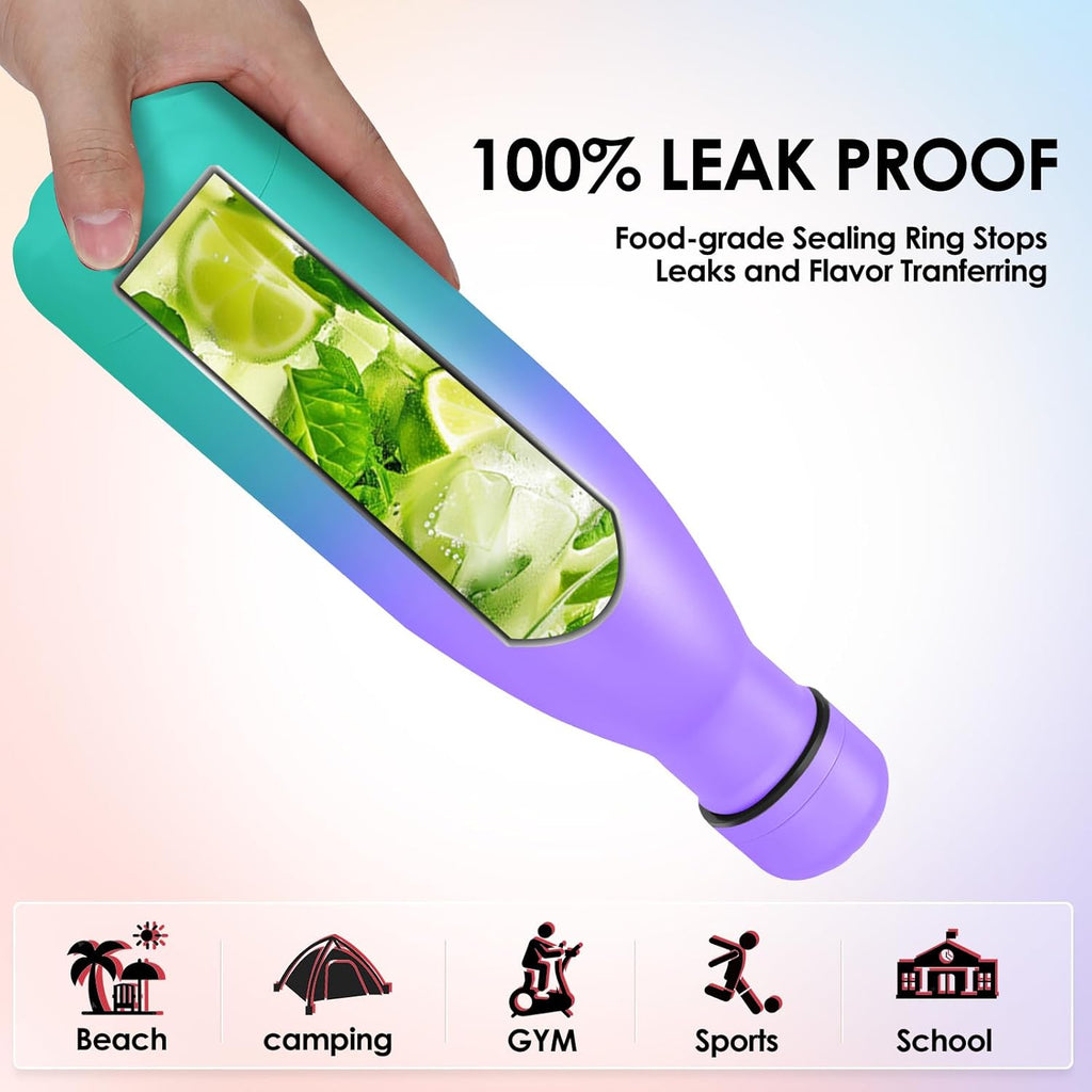 17oz Cola-Bottle Shaped Stainless Steel Leak-proof Water Bottle,Double Wall Vacuum Insulated Metal,Travel Mug For Sports Indoors & Outdoors,BPA-Free Kids Flasks,Purple Green(8Pack)
