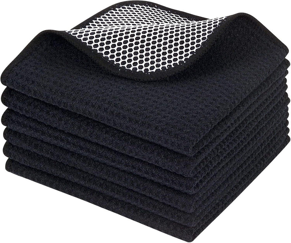 KinHwa Kitchen Washcloths for Dishes Absorbent Microfiber Dish Cloths Quick Dry Dish Rags with Poly Scour Scrub Side Ideal for Kitchen Cleaning (Black-B, 12inchx12inch 6 Pack)