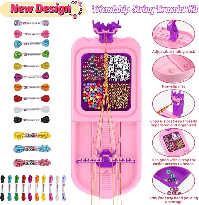 Friendship Bracelet Making Kit, Arts and Crafts Loom Bracelet Maker for Kids, Jewelry String Making supplies with 3 Thread Styles & 6 Bead Types, Christmas Birthday Gifts for Girls Ages 6 7 8 9 10+