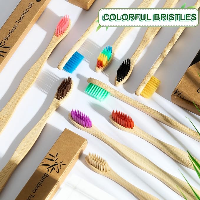 Biodegradable Bamboo Toothbrushes, 10 Piece BPA Free Soft Bristles Toothbrushes, Natural, Eco-Friendly, Green and Compostable (Multicolored Bristles)
