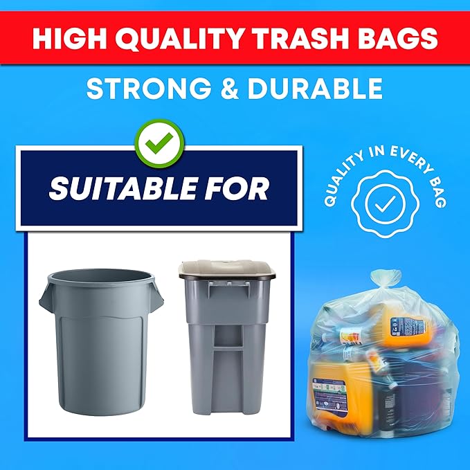 Veska 55-60 Gallon Trash Bags, Large Clear Garbage Bags,150 Bags Bulk Can Liners Perfect for Office, Waste, and Storage Use, Recycling, Yard Waste, and Leaf Collection, Rollaway Bin Liners