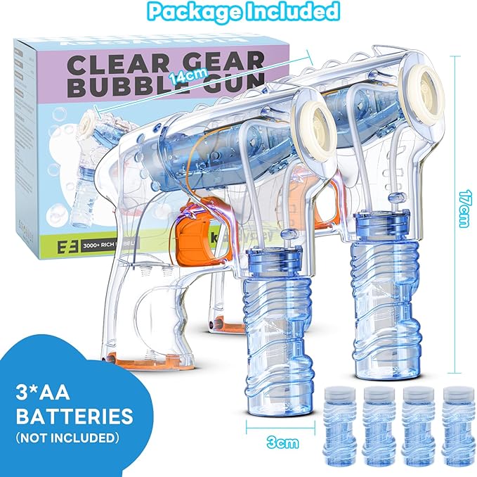 Kid Odyssey 2 Pack Bubble Gun with 4 Refill Solution and 3 Colorful LED Light, Bubble Machine for Kids, Bubble Maker for Party Favors, Birthday Gift, Indoor Outdoor Toys for Toddlers