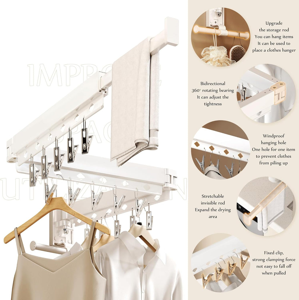 Wall Mounted Collapsible Clothes Drying Rack, Durable Space-Saving Laundry Drying Rack Clothing Hanger, Upgraded with Clips and Windproof Holes