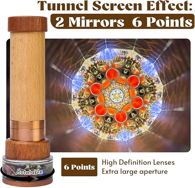 Growth Rings Wooden Kaleidoscope Tunnel Screen Effect,6.5" Handmade Brass Rotatable Oil-Filled Core Box Nature Kaleidoscope Kit,Vintage Gift Box,Anniversary Birthday Gift for Man Woman