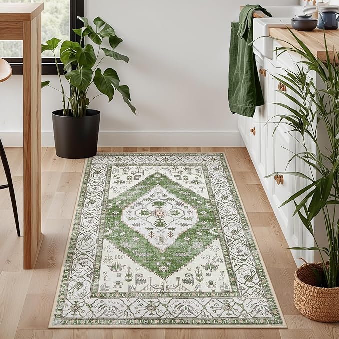 Lahome Boho Green Machine Washable Living Room Rugs - 3x5 Area Rugs for Bedroom Non-Slip Ultra-Thin Entryway Rug, Vintage Print Throw Indoor Carpet Rug for Office Kitchen (Green, 3'x5')