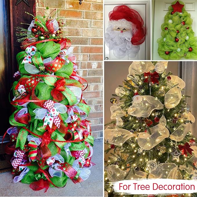 TONIFUL 4 Rolls 10 Inch Red and White Decorative Mesh Ribbbon Rolls, for Wreath Supplies Front Door Craft Tree Decor Christmas NewYears Valentine's Day Halloween Decoration (30ft/roll, 120ft/Set)