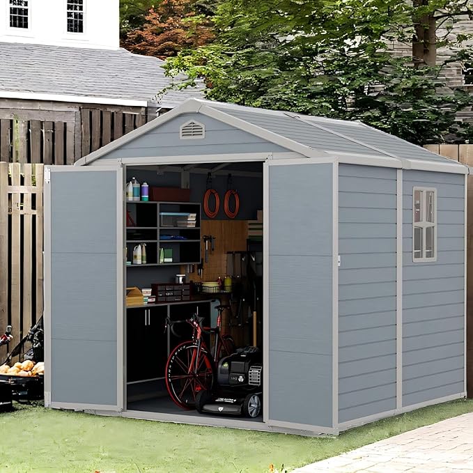 Outdoor Storage Shed, 8X6 FT Resin Shed with Floor and Lockable Doors, 260 CU.FT Waterproof Patio Storage Cabinet, Plastic Construction for Outdoor Storage