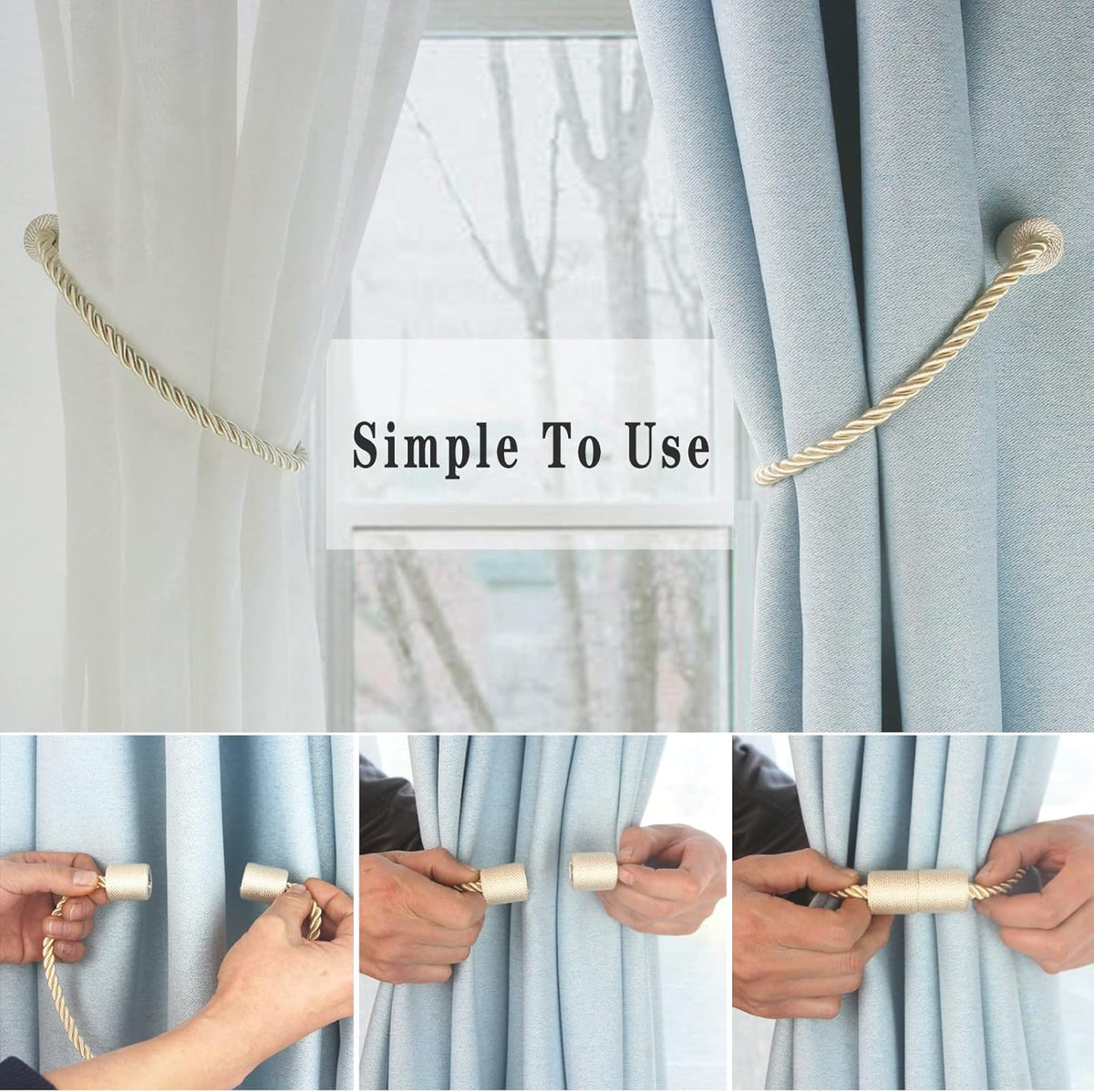 Magnetic Curtain Tiebacks 4 Pack Beige Curtain Rope Tieback Curtain Holders for Drapes Modern Tie Backs Decorative Curtain Holdbacks