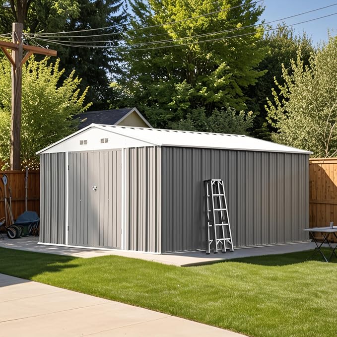 Patiowell 10 x 12 FT Metal Storage Shed for Outdoor with Floor Frame, Steel Yard Shed with Design of Lockable Doors, Utility and Tool Storage for Garden, Backyard, Patio, Outside use, Grey