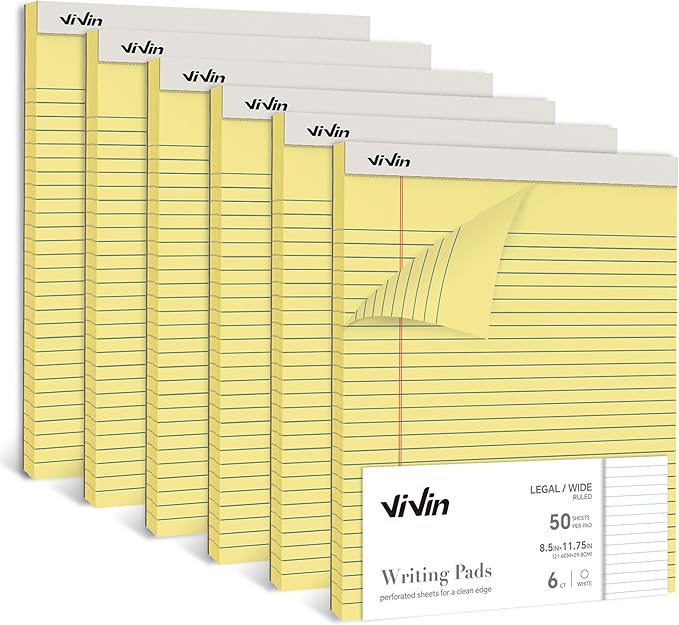 ViVin Legal Pads 8.5 x 11 Inch, Wide Ruled Note Pads, 6 Pack, 50 Sheet/Pad, Notepads for Office Home School, 300 Sheets, Perforated Writing Pads, Canary Yellow Paper