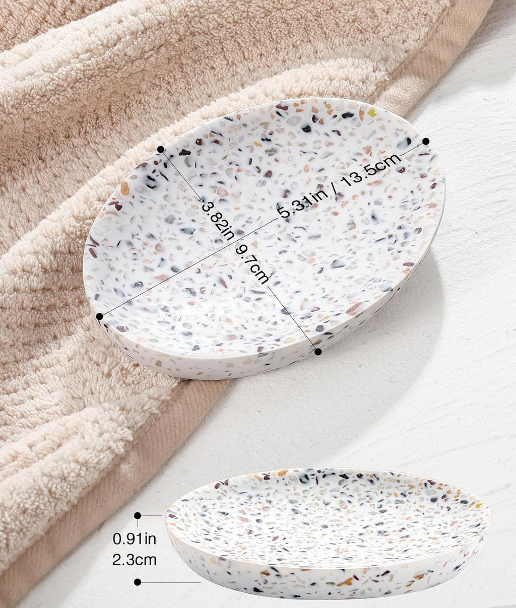 Luxspire Soap Dish, Resin Soap Tray Soap Holder Container Box, Oval Soap Plate Case, Non-Slip, Multi-Purpose Soap Holder, Bathroom & Kitchen Countertop, Terrazzo