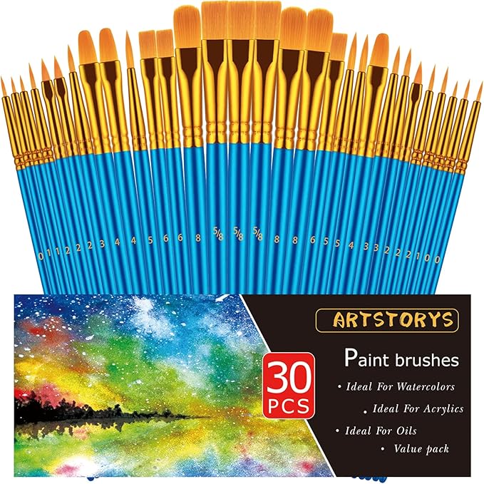 Paint Brushes Set, 30 Pcs Paint Brushes for Acrylic Painting, Oil Watercolor Acrylic Paint Brush, Artist Paintbrushes for Body Face Rock Canvas, Kids Adult Drawing Arts Crafts Supplies, Blue