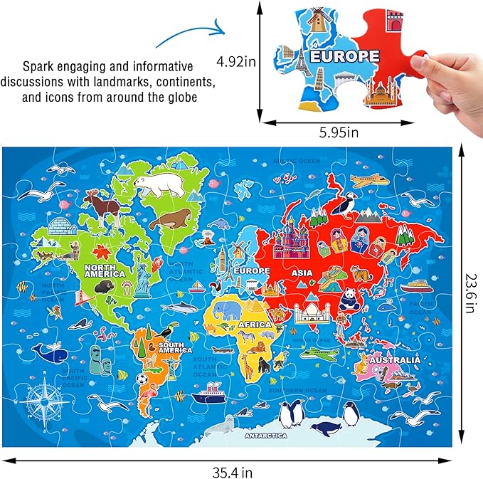Jumbo Floor Puzzle for Kids,World Map Jigsaw Geography Puzzles,48 Piece Globe Atlas Puzzle with Continents,United States Puzzle for Ages 3-5,Preschool Learning Toys Gift for 4-8 Years Old